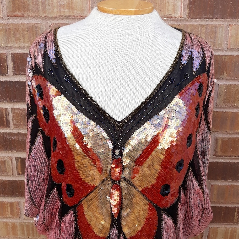 Vintage Butterfly Sequin Blouse Silk